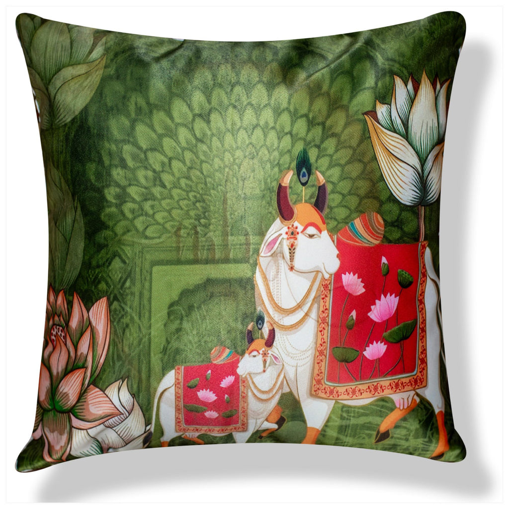 Vendola Decorative Satin Sofa Cushion Covers Set of 5, 20 Inch x 20 inch, Ethic, Festive Sofa Pillow Cover, Beige, Blue & Green, Palace, Animal & Cow Design, Zipper Closure (Palace, 20X20 Inches)