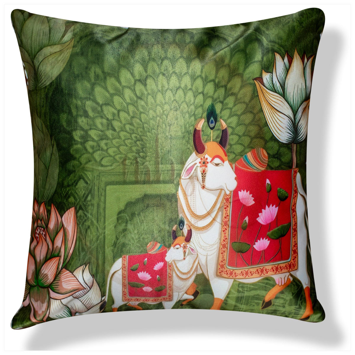 Vendola Decorative Satin Sofa Cushion Covers Set of 5, 16 inch x 16 inch, Ethic, Festive Sofa Pillow Cover, Beige, Blue & Green, Palace, Animal & Cow Design, Zipper Closure (Palace, 16X16 Inches)