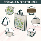 DOUBLE R BAGS Unisex Eco-Friendly Reusable Cotton Canvas Casual Bag with Reinforced Handles (Green Life, 40.6x35x10 cm) | Multi-Purpose Grocery, Kitchen Essentials, Fruits & Veggies Bag | Pack of 4