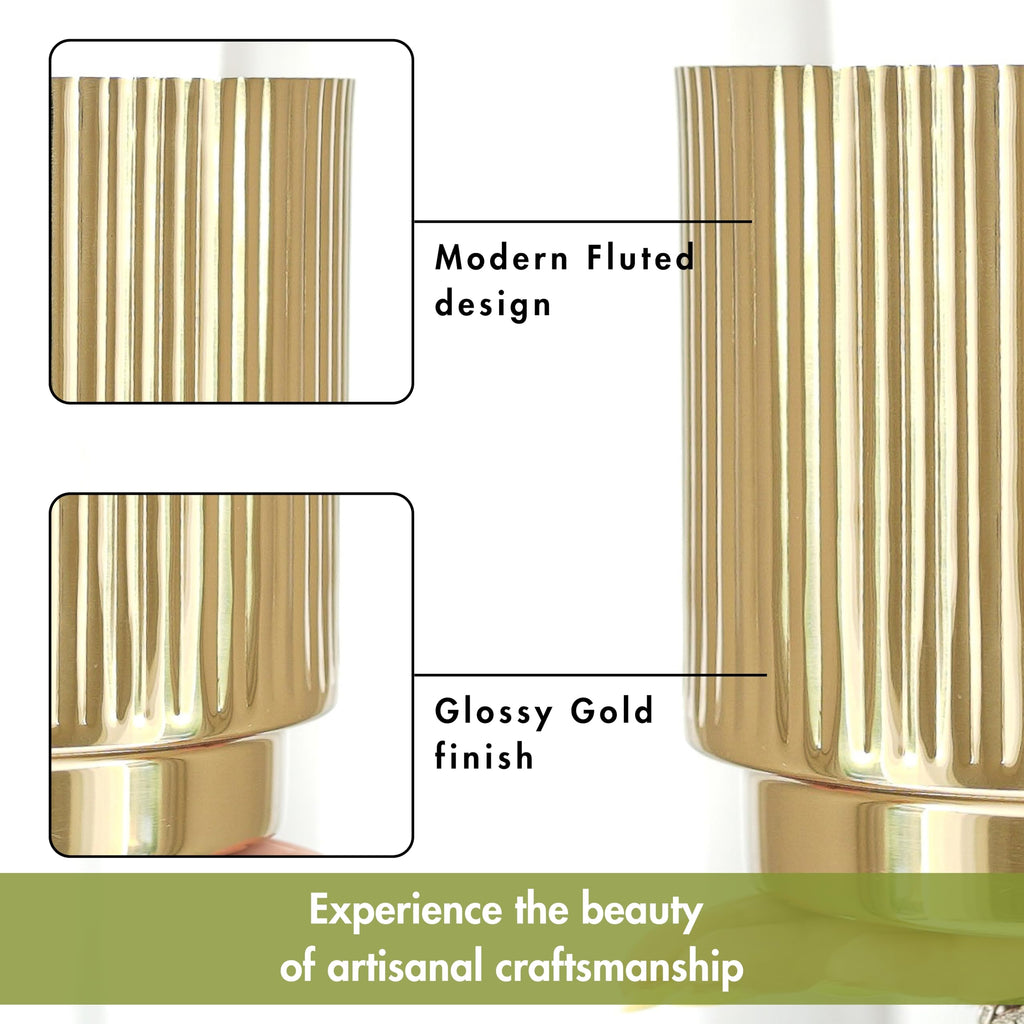 BEHOMA Fluted Metal Indoor Planters with Stands, Golden - Set of 2
