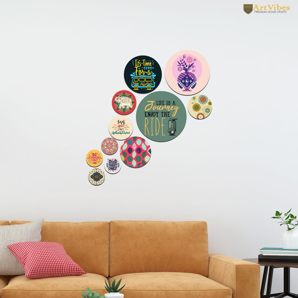 Artvibes Its Time for A New Adventure Decorative Round Shape MDF Wooden Wall Hanging | Quotes Decor Item | Traveller Quotes Wall Art | Wall Poster | Home Decor | Unique Gift (WPS_142NN), Set of 11