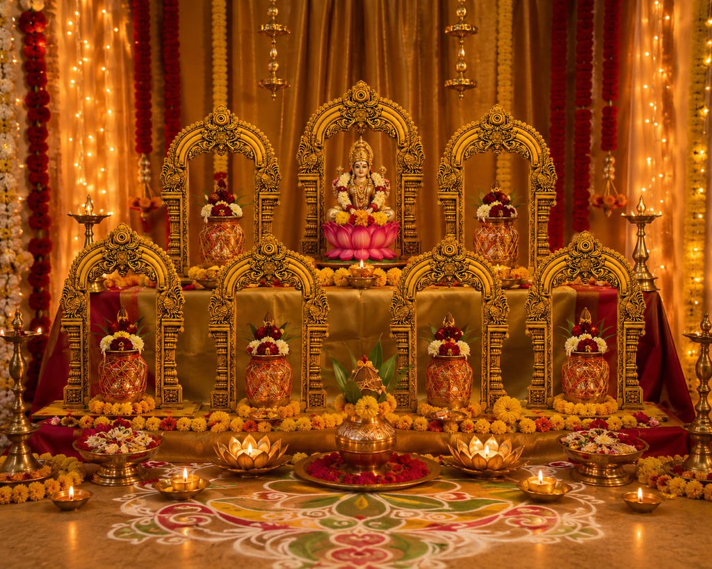 Satvaikya Decorative Temple Arch Set for Pooja & Sapta Shanivarala Vratam | 7 Premium MDF Mandir Arches for Festival Decoration, Golu Display & Home Temple Décor | Golden South Indian Temple Design