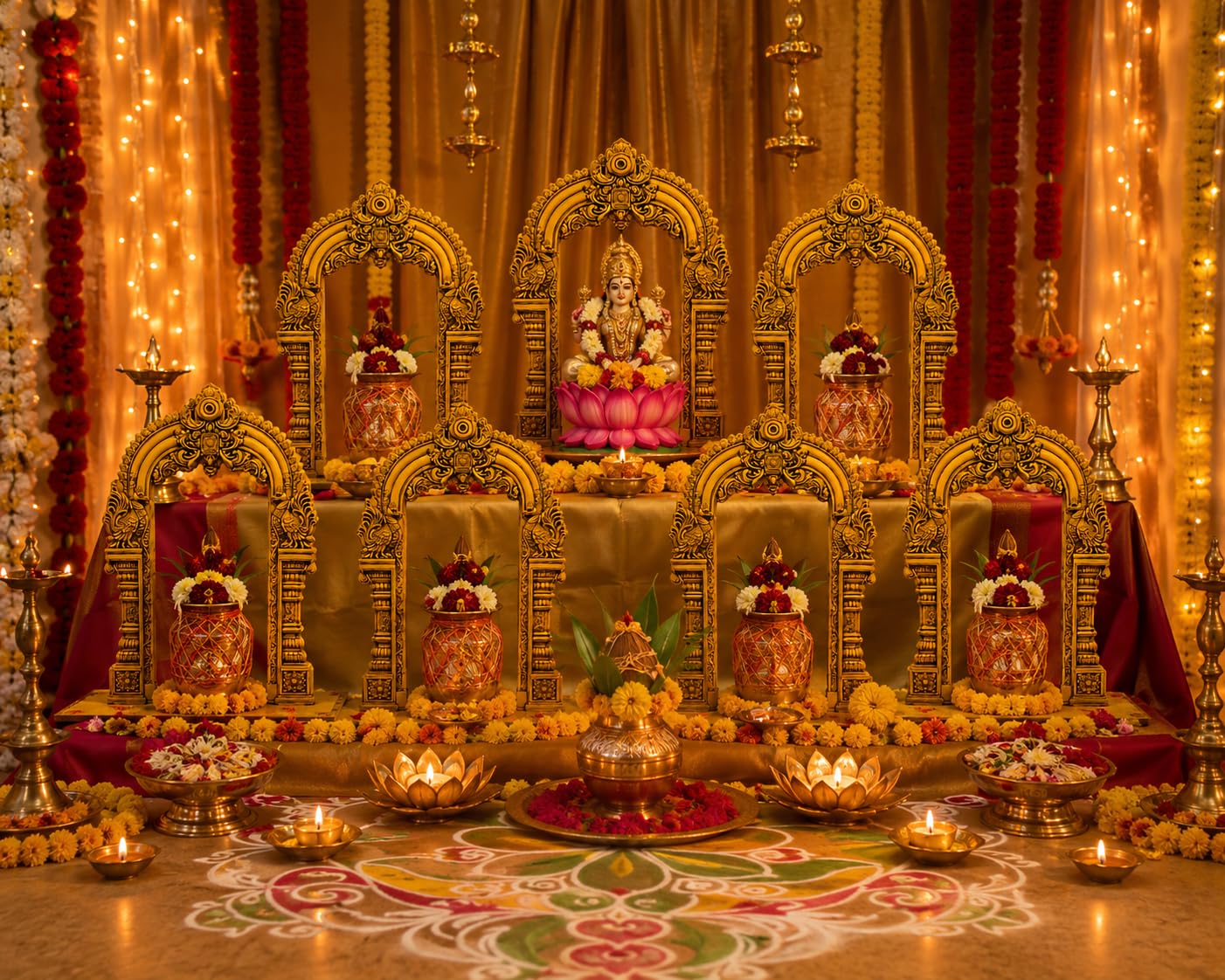 Satvaikya Decorative Temple Arch Set for Pooja & Sapta Shanivarala Vratam | 7 Premium MDF Mandir Arches for Festival Decoration, Golu Display & Home Temple Décor | Golden South Indian Temple Design