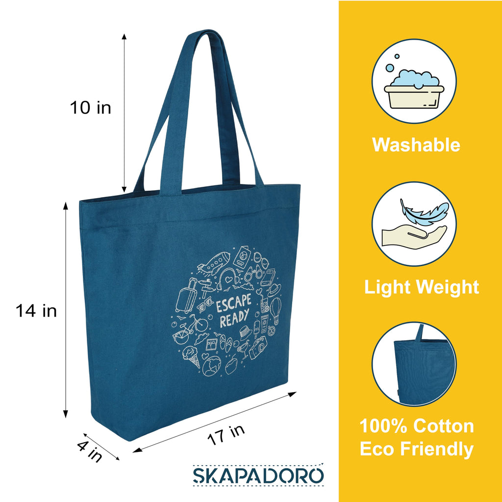 SKAPADORO Canvas Big Zip Printed Handbag Tote,100% Cotton, Inner pocket, Ecofriendly Bag for Women, Travel College Beach Shopping, Easy to Wash Everyday Shoulder Bag (Escape Ready)