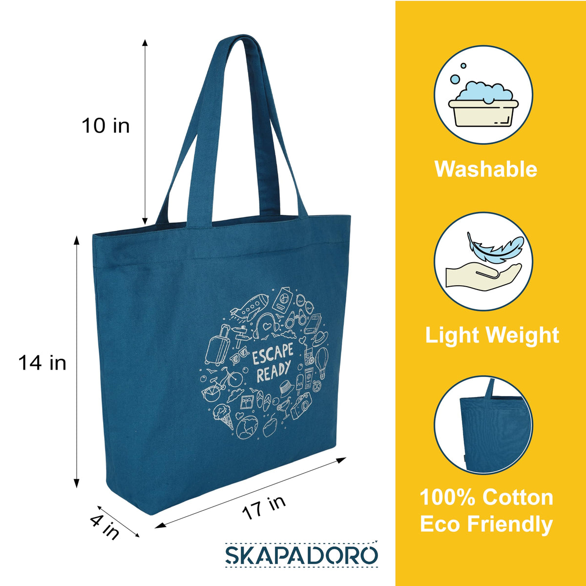 SKAPADORO Canvas Big Zip Printed Handbag Tote,100% Cotton, Inner pocket, Ecofriendly Bag for Women, Travel College Beach Shopping, Easy to Wash Everyday Shoulder Bag (Escape Ready)