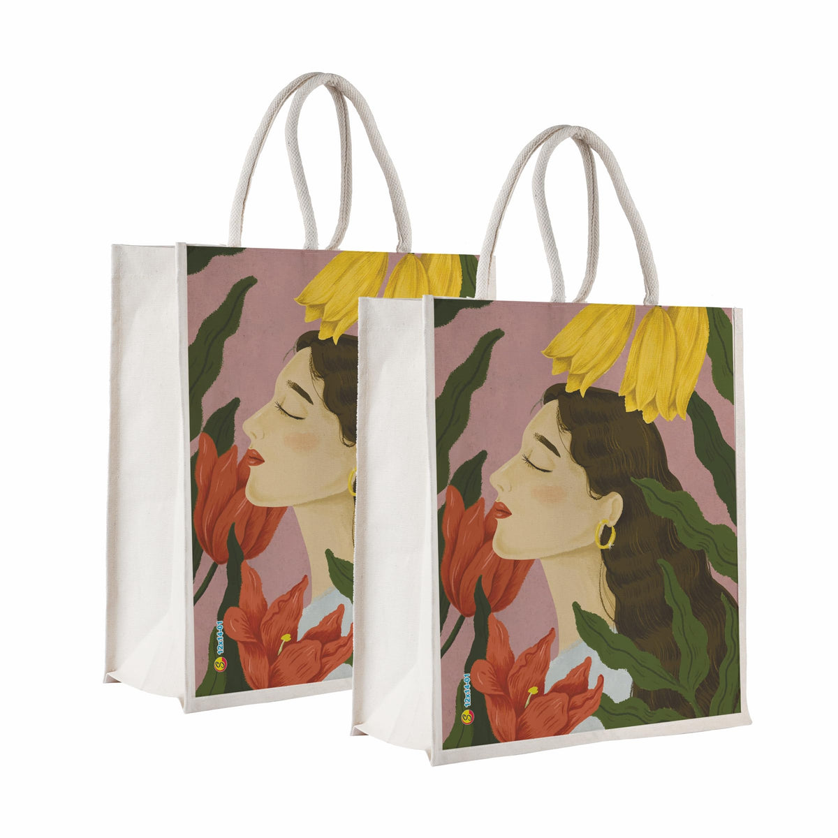 Sangra Canvas Reusable Bags for School, College, Lunch Bag for Office for Men and Women, Grocery Shopping Bag, Multi-Purpose Bag, Sturdy Handle With Zipper Lock (Pack of Two) (Lady)