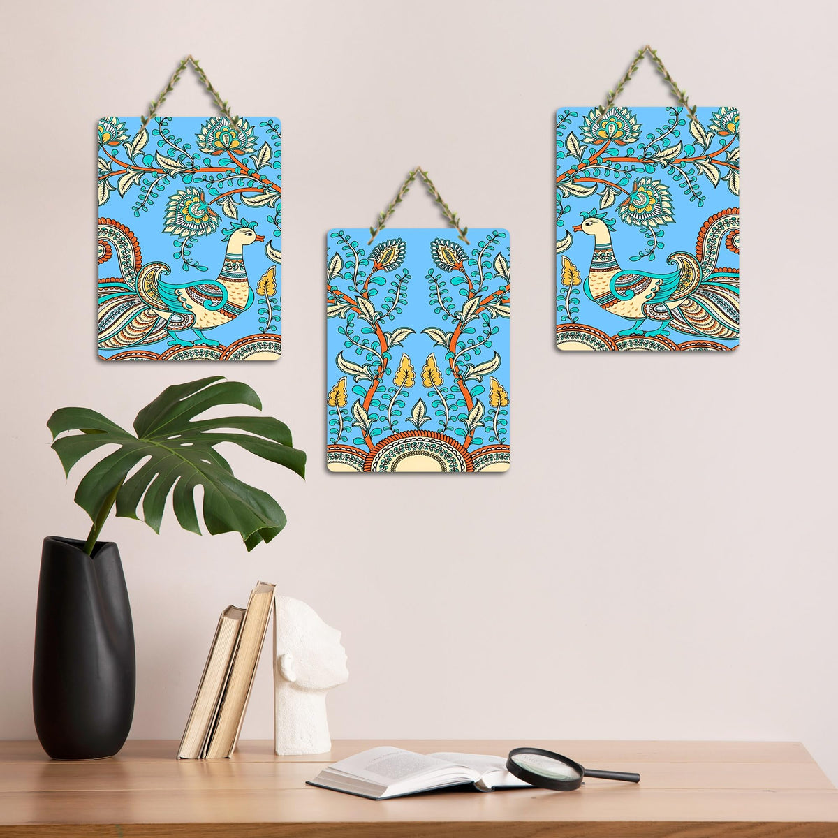 Artvibes Kalamkari Art Wooden Wall Hanger for Home Decor | Living Room | Wall Art Paintings | Wall Illustrations | Wall Accents | Door Hanging Art Items | Gift Items (WH_96160N), Set of 3