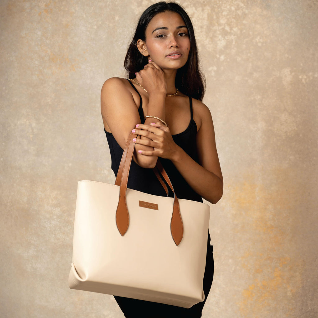 Urban Space Vegan Leather Women Tote Bag with Laptop compartment, Handbag for Work, Ladies purse, Stylish Shoulder Bag, Laptop ipad Bags For Office Use, Gift for Women (Kaya Tote Cream)