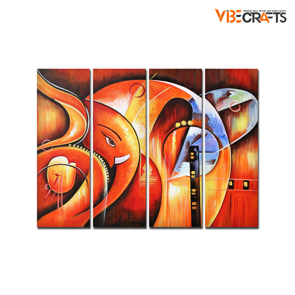 VIBECRAFTS 4 Pieces Hindu Shree Ganesha Canvas Wall Painting Fitted With Wooden Frame For Home | Office | Living Room | Gift(PTVC4Pcs1_13529)