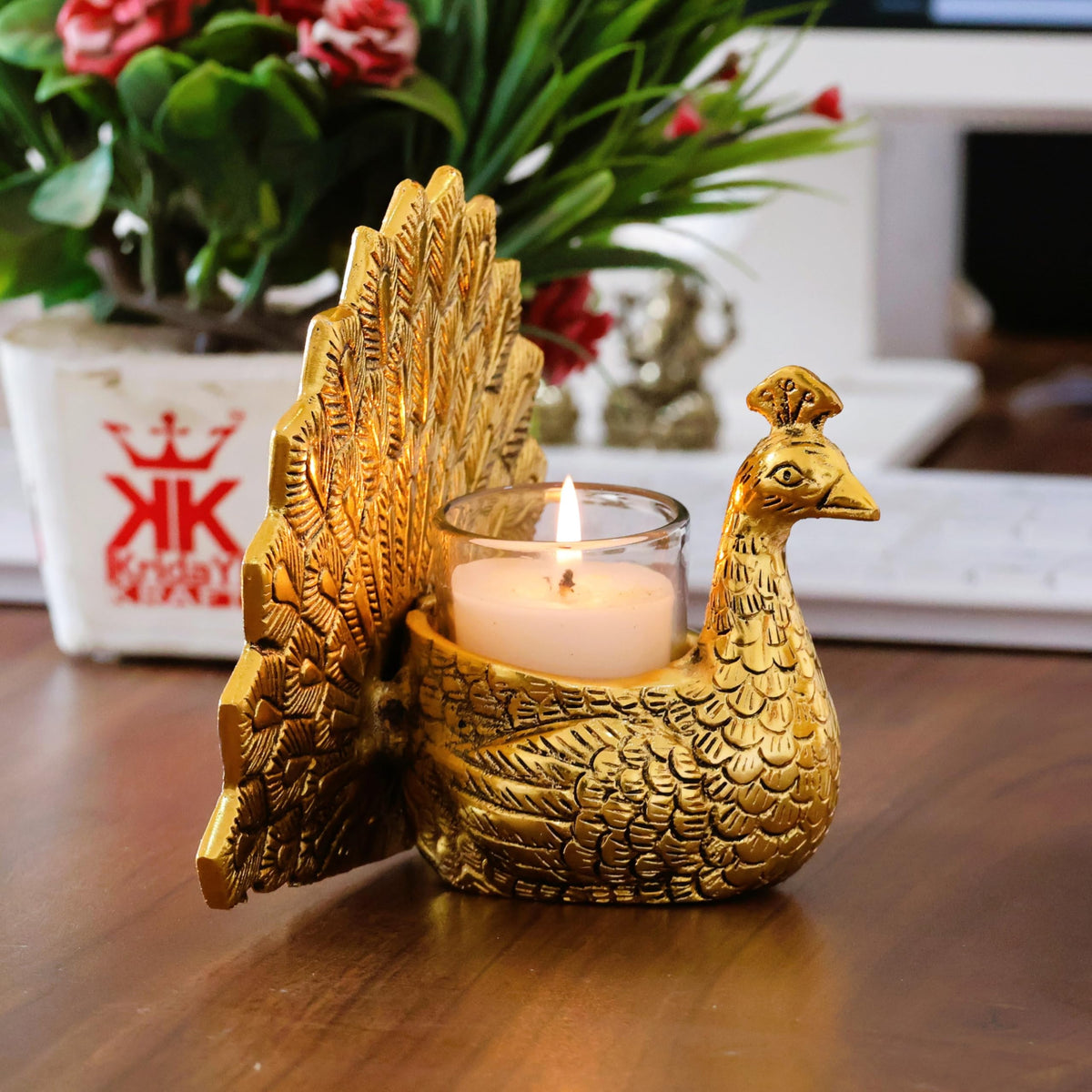 KridayKraft Metal Dancing Peacock Pair Vastu Figurine for Good Luck, Love and Prosperity | Aluminium Votive Candle Holder Showpiece for Diwali, Housewarming and Anniversary Gifting | Set of 2