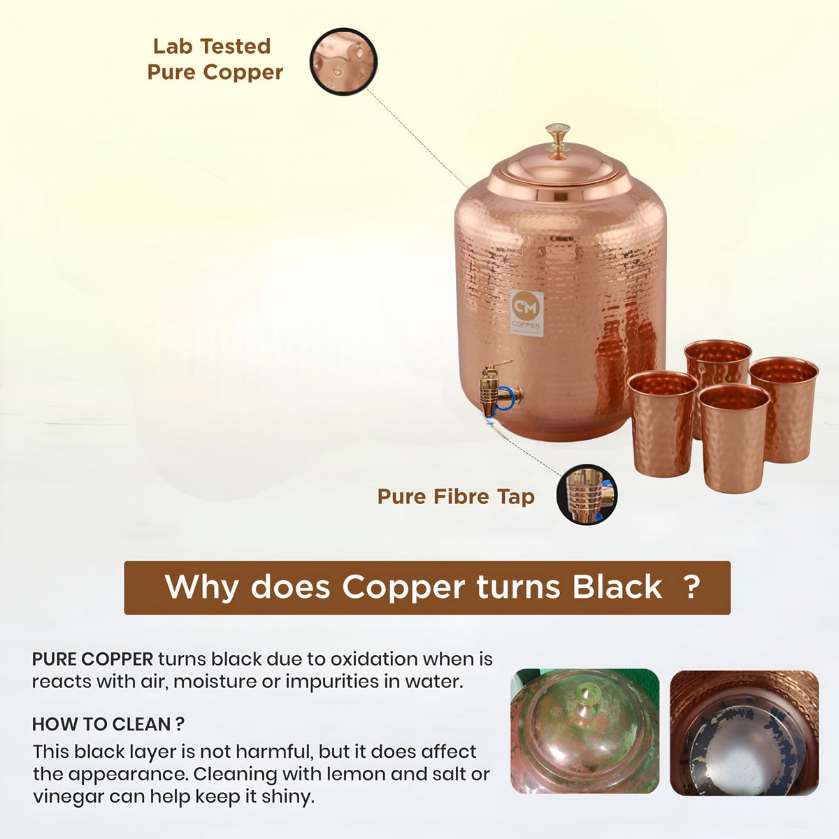 Copper-Master 5 Litre Hammered Copper Water Dispenser (Matka) Container Pot with 4 Pure Copper Glasses Pure Copper and Ayurvedic Health Benefits (5000 ml + 1200 ml)