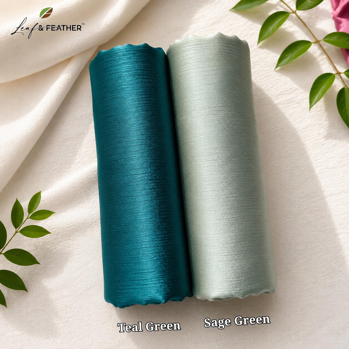 Leaf & FEATHER™ Muna Satin Hijab Scarf for Women | Pack of 2 Hijab Set | 200 x 70 cm | Silky Smooth & Lightweight | Premium Everyday Color Collection (9. Teal Green - Sage Green)
