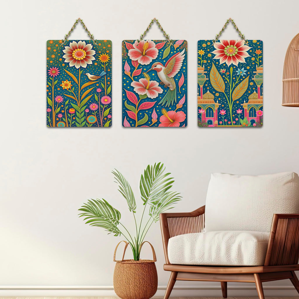 Artvibes Floral Paradise With Bird Wooden Art Decoration Item for Home | Modern Decoration Items | Handcrafted Art | Trendy Decor | Aesthetic Wooden Decor | Unique Gift (WH_9686N), Set of 3