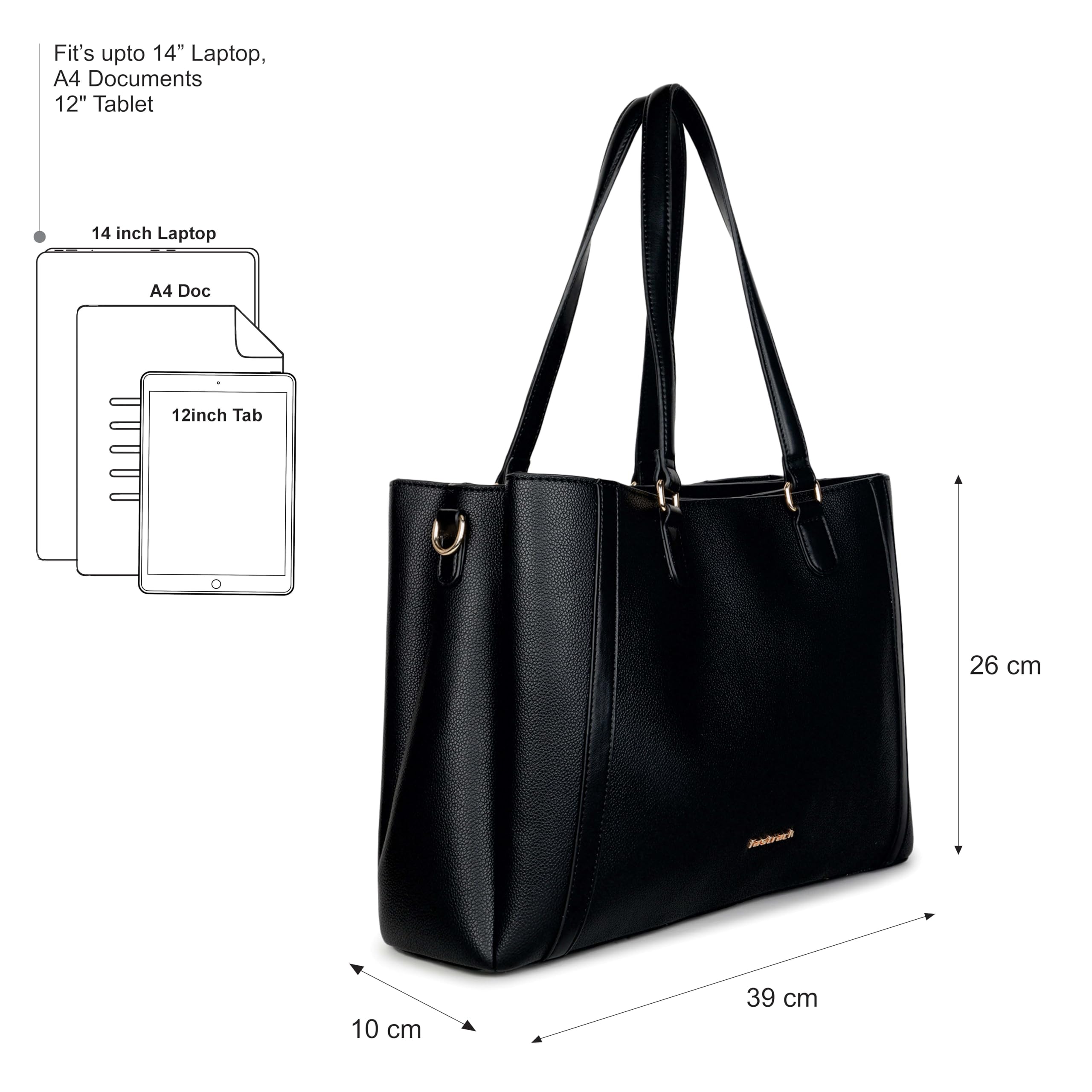 Fastrack PowerEdge Tote | Pebbled Faux-Leather Women’s Laptop Bag | 14-Inch Laptop Compartment, 3 Spacious Sections & Detachable Strap | Work, Travel & Everyday Tote (Black)