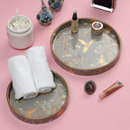 DULI Set of 2 MDF Wood Trays Enamel Coated| Round Trays Set of 2 | Serving Trays | Wooden Tray | Kitchen&Dining Decorative | Resin Tray | Handmade | 7x7 & 9x9 inches (Setof2Round: SilverGoldBirds)