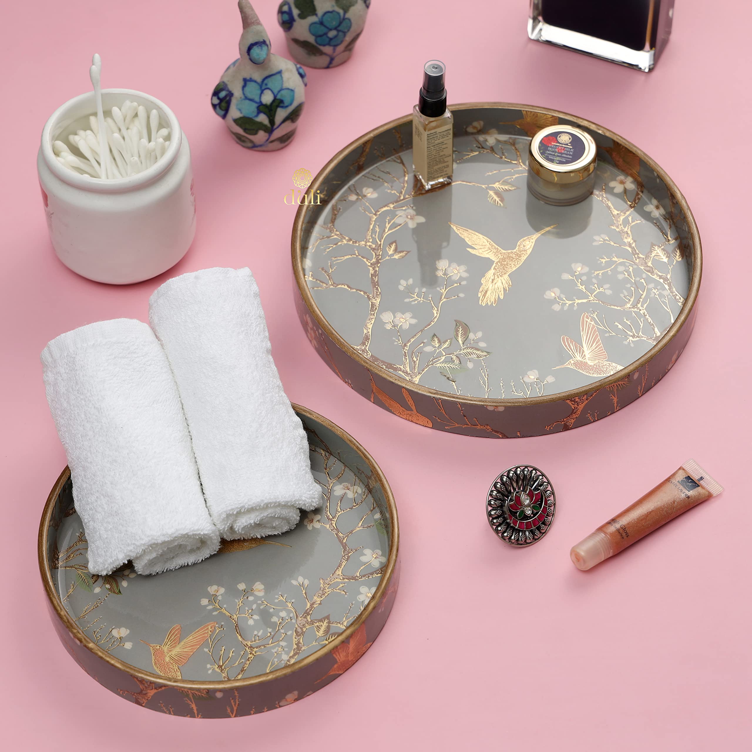 DULI Set of 2 MDF Wood Trays Enamel Coated| Round Trays Set of 2 | Serving Trays | Wooden Tray | Kitchen&Dining Decorative | Resin Tray | Handmade | 7x7 & 9x9 inches (Setof2Round: SilverGoldBirds)