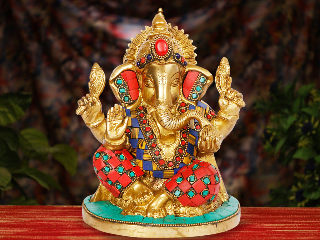 ARTVARKO Ganesh Idol Brass Multicolor Statue Murti Blessing Ganesha Vinayak Ganpati Sitting Sculpture Bhagwan Home Entrance Décor Temple Puja Gift Height 7 Inch