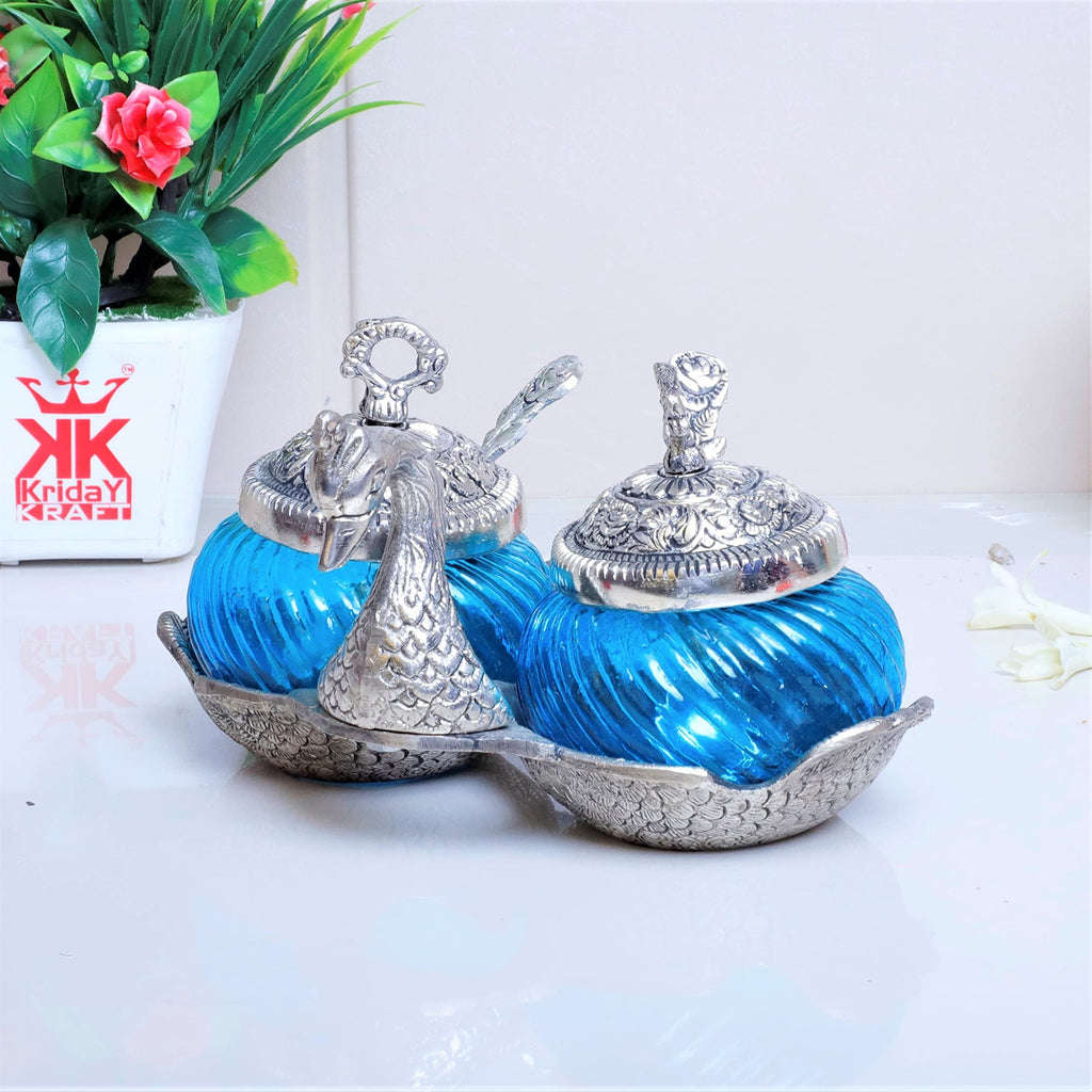 KridayKraft Metal Double Duck Shape Glass Bowl with Spoon for Saunf Supari & Dryfruit Tray Home Office Table Decor & Gift Item Decorative Showpiece for Decoration & Gifting Purpose