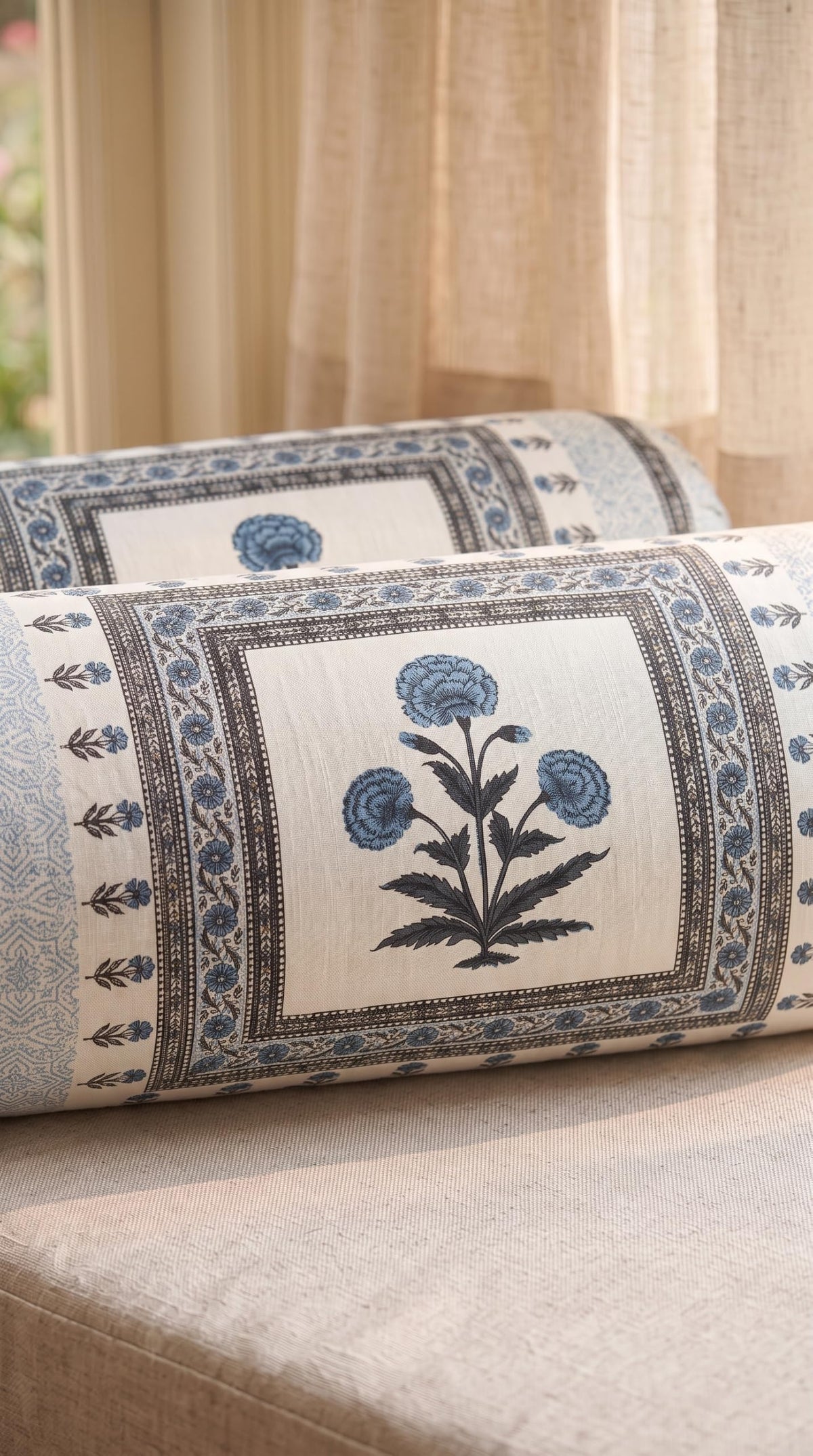 BLOCKS OF INDIA Cotton Hand Block Printed Bolster Cover | Booster Cover with Drawstring | Round Long Pillow Cover for Bed | Dewan Pillow Cover Set 16 X 32 | Set of 2 (Color 48)