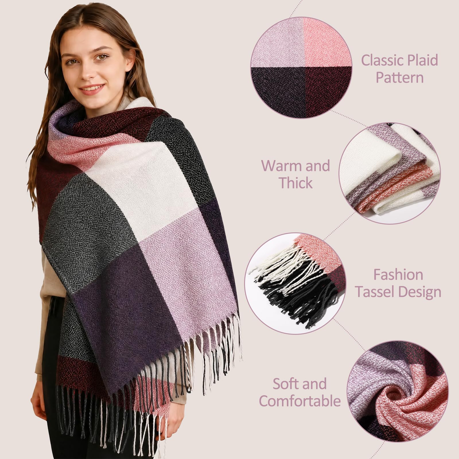 Loritta Womens Scarf Fashion Long Plaid Shawls Wraps Big Grid Winter Warm Lattice Large Scarves Gifts