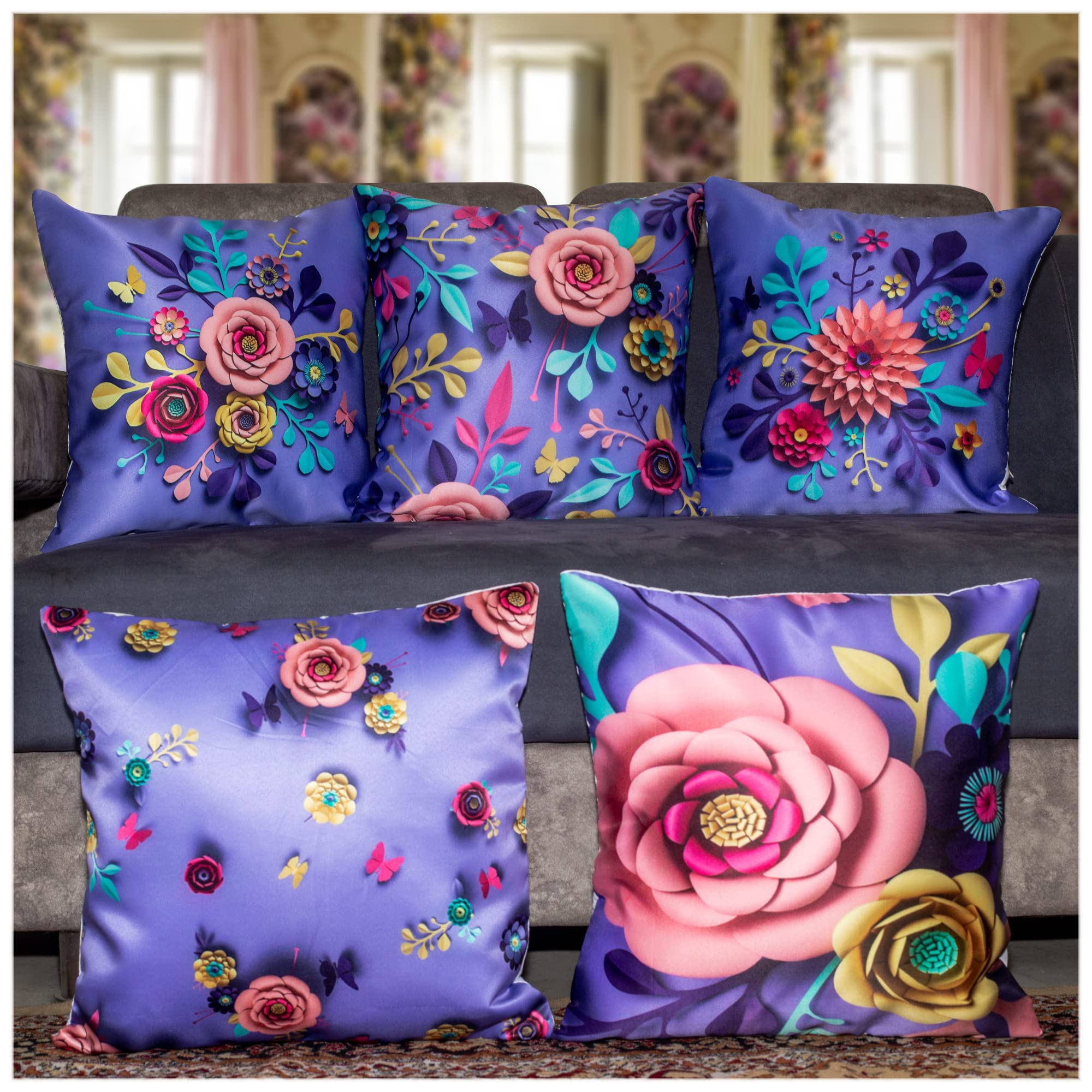 Vendola Rose Satin 250TC Cushion Pillow Covers, Peach, Set of 5 (20X20 Inches, Peach Rose)