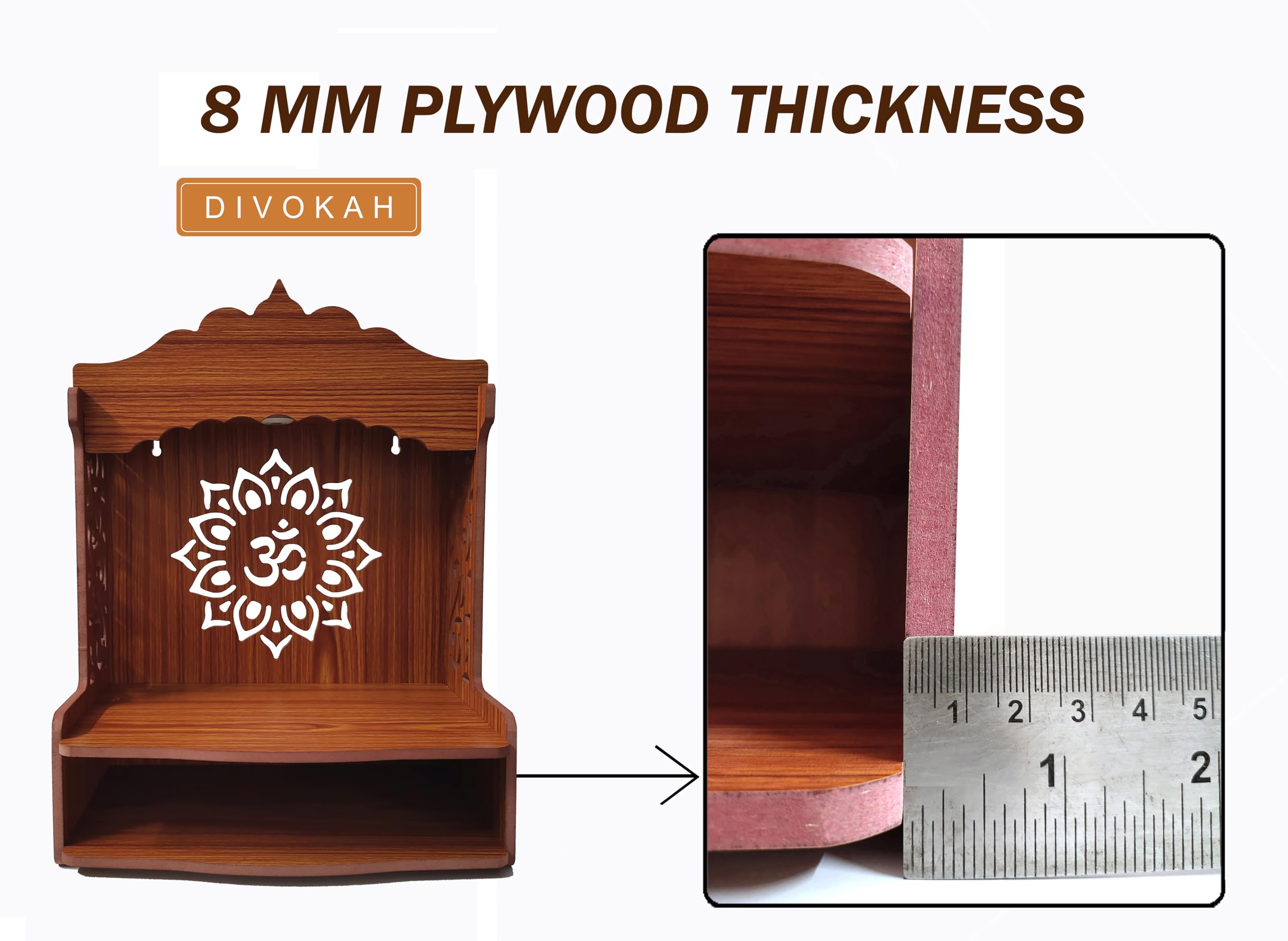 DIVOKAH® Beautiful Wooden Pooja Mandir for Home/Temple for Home and Office/Puja Mandir/Puja Stand/Pooja Mandapam with LED Spot Light (8 MM Plywood Thickness) LEDOMF