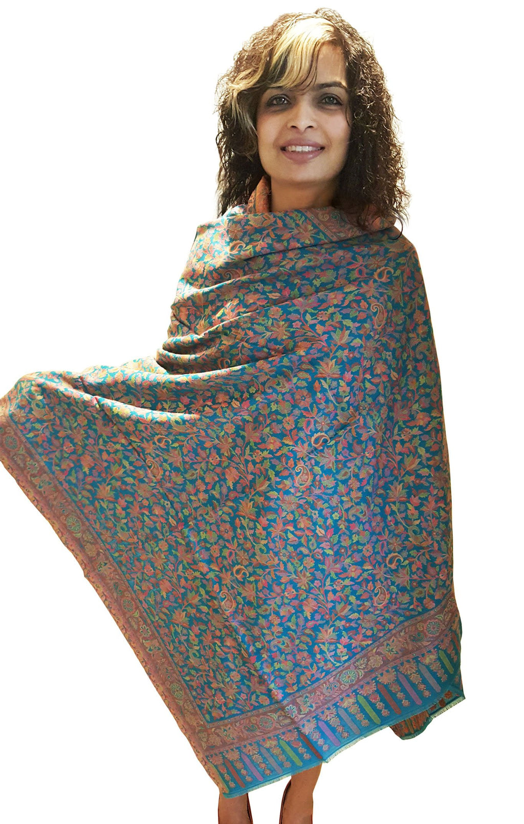 Mehrunnisa Jamawar Kani 100% Pure Wool Shawl Wrap From Kashmir (Turquoise)