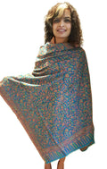 Mehrunnisa Jamawar Kani 100% Pure Wool Shawl Wrap From Kashmir (Turquoise)