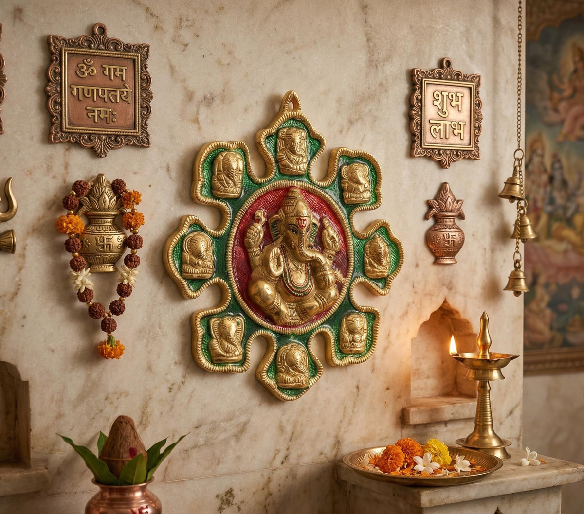 Lord Ganesha Ashtavinayak Wall Hanging Metal - 28cm x 27cm Antique Gold Finish Idol for Home Decor, Living Room & Entrance | Religious Figurine Gift Item (450g)