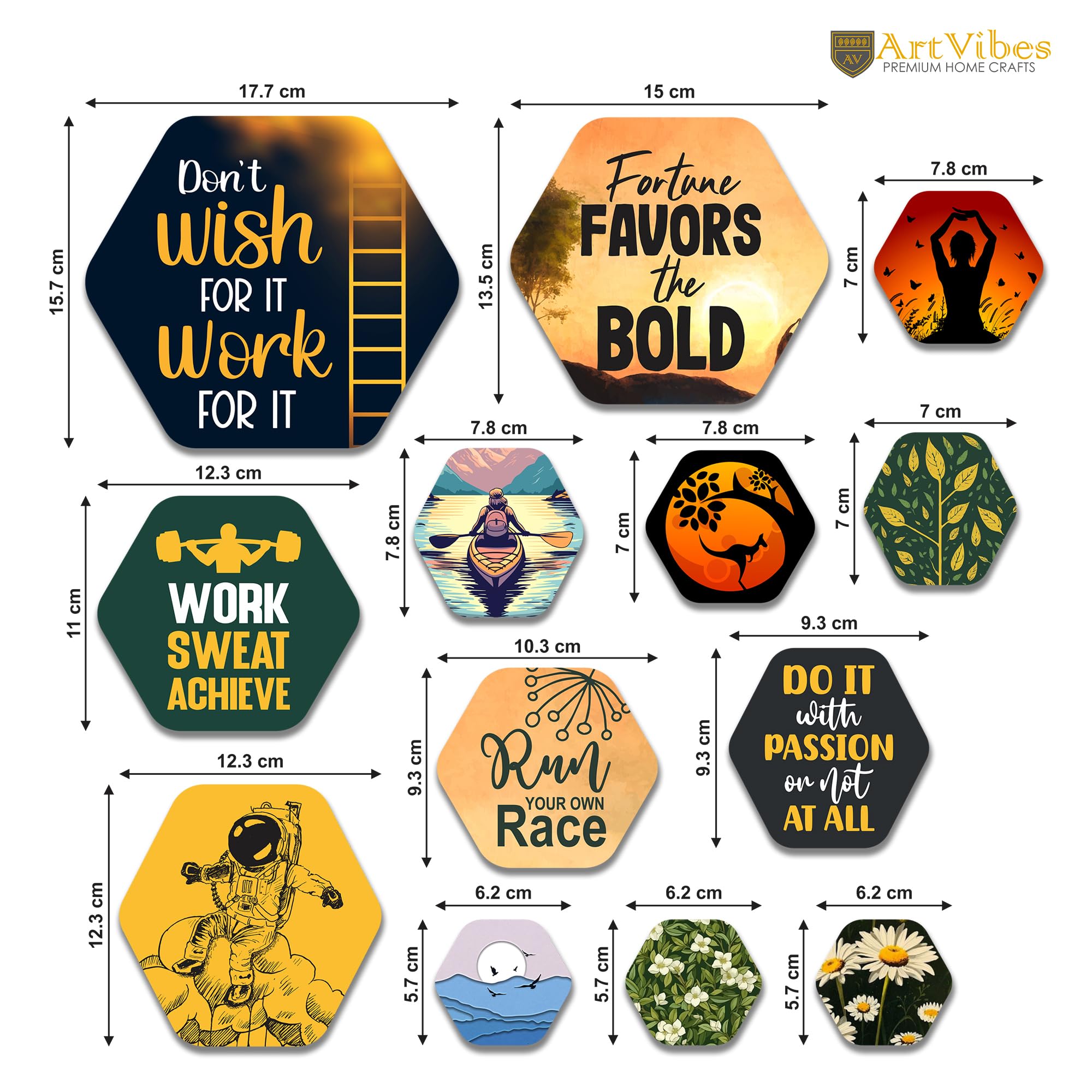 Artvibes Motivational Quotes Hexagon Shape MDF Wooden Wall Decor Items | Quotes Decor Item | Motivational Wall Decor | Wall Poster | Gift Items | Office Wall Decoration Items (WPS_223N), Set of 13