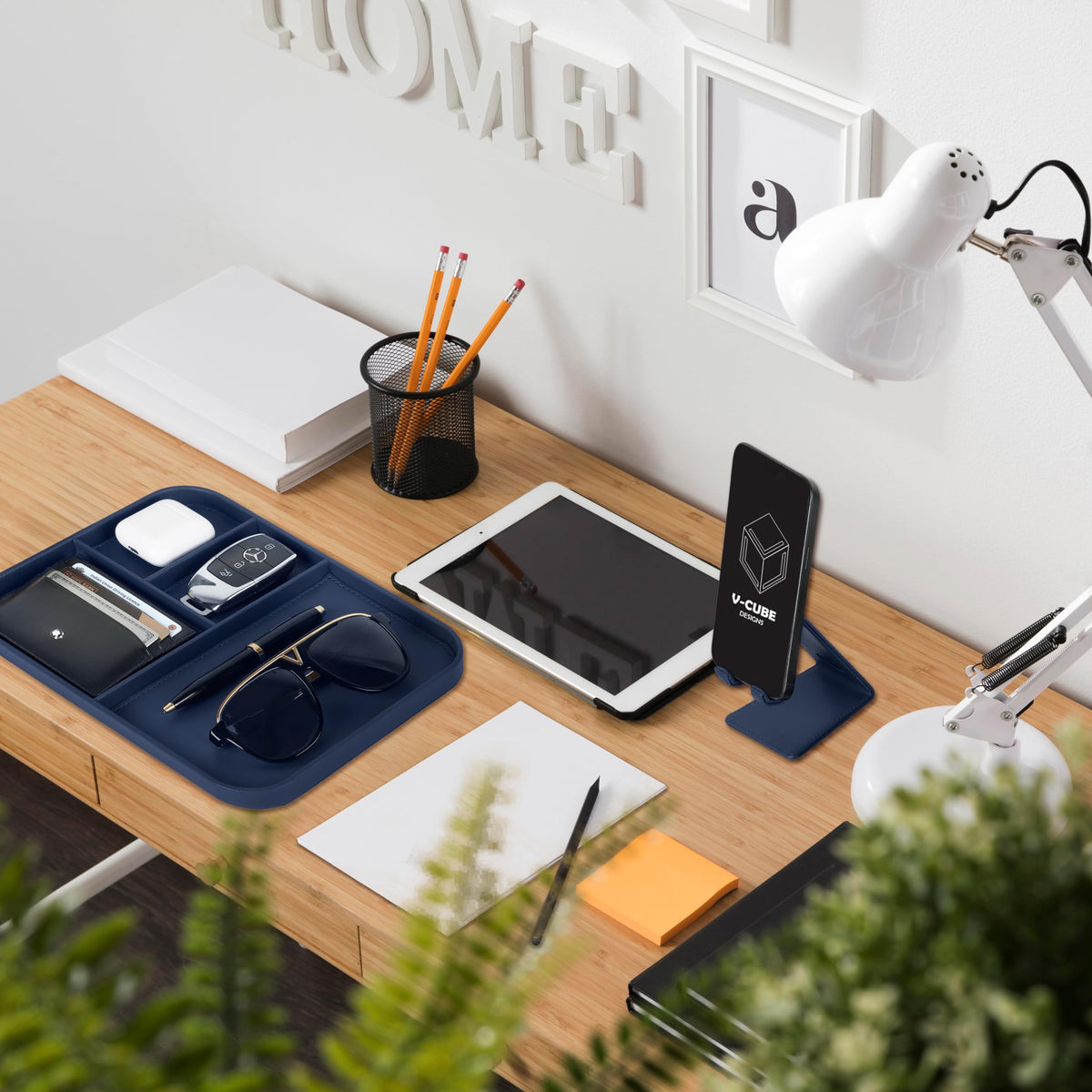 V-CUBE DESIGNS Premium Vegan Leather Valet Tray|Stylish & Modern Office Desk Tray| Table/Bedside/Entryway Organiser for Everyday Essentials Like Keys, Phone, Watch, Wallet, Jewellery|Spill-Proof|Blue