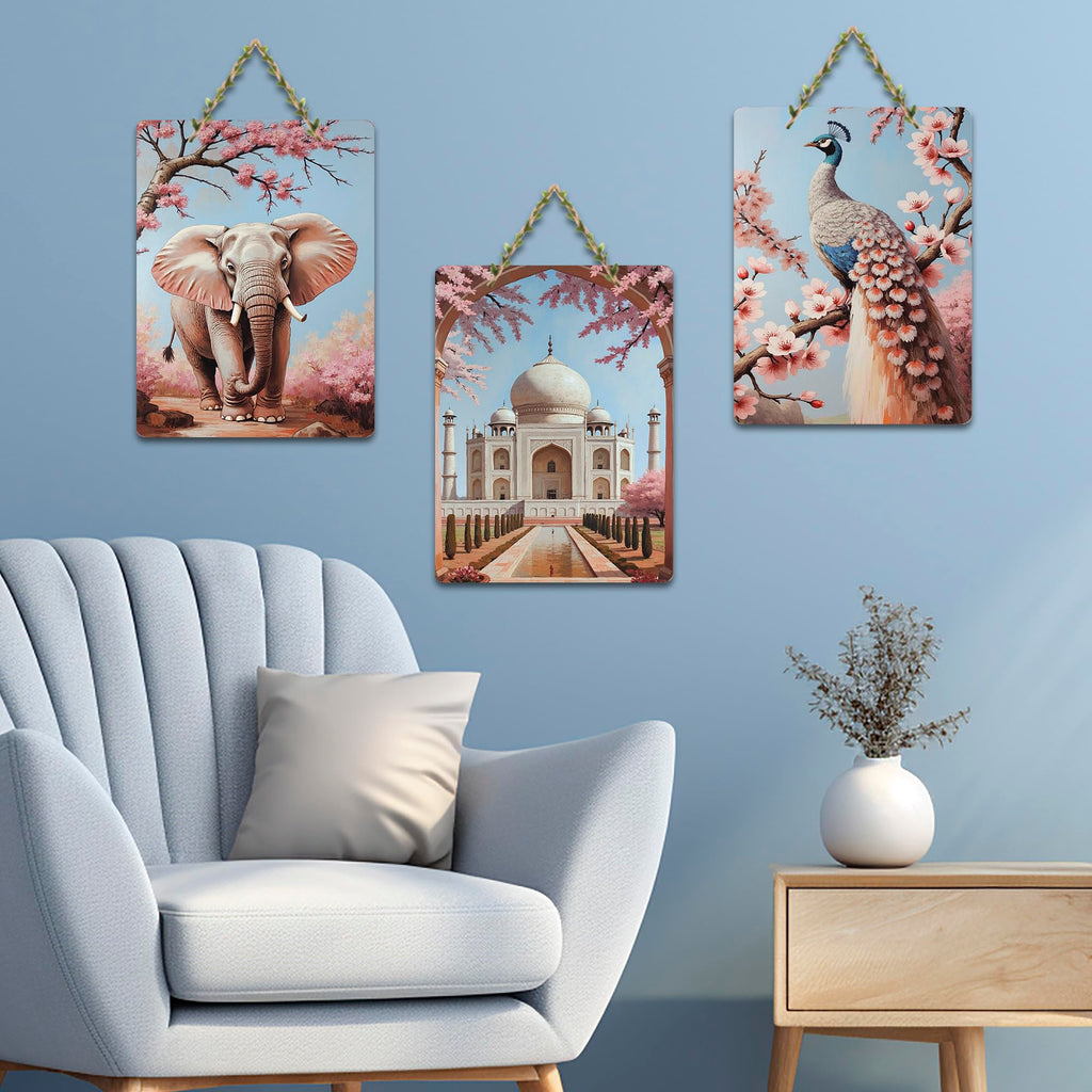 Artvibes Contemporary Indian Folk Fusion Art Decorative MDF Wooden Wall Art for Home | Wall Sculpture | Signs & Plaques | Handcrafted Art | Artwork | Wall Poster | Ideal Gifts (WH_9653N), Set of 3