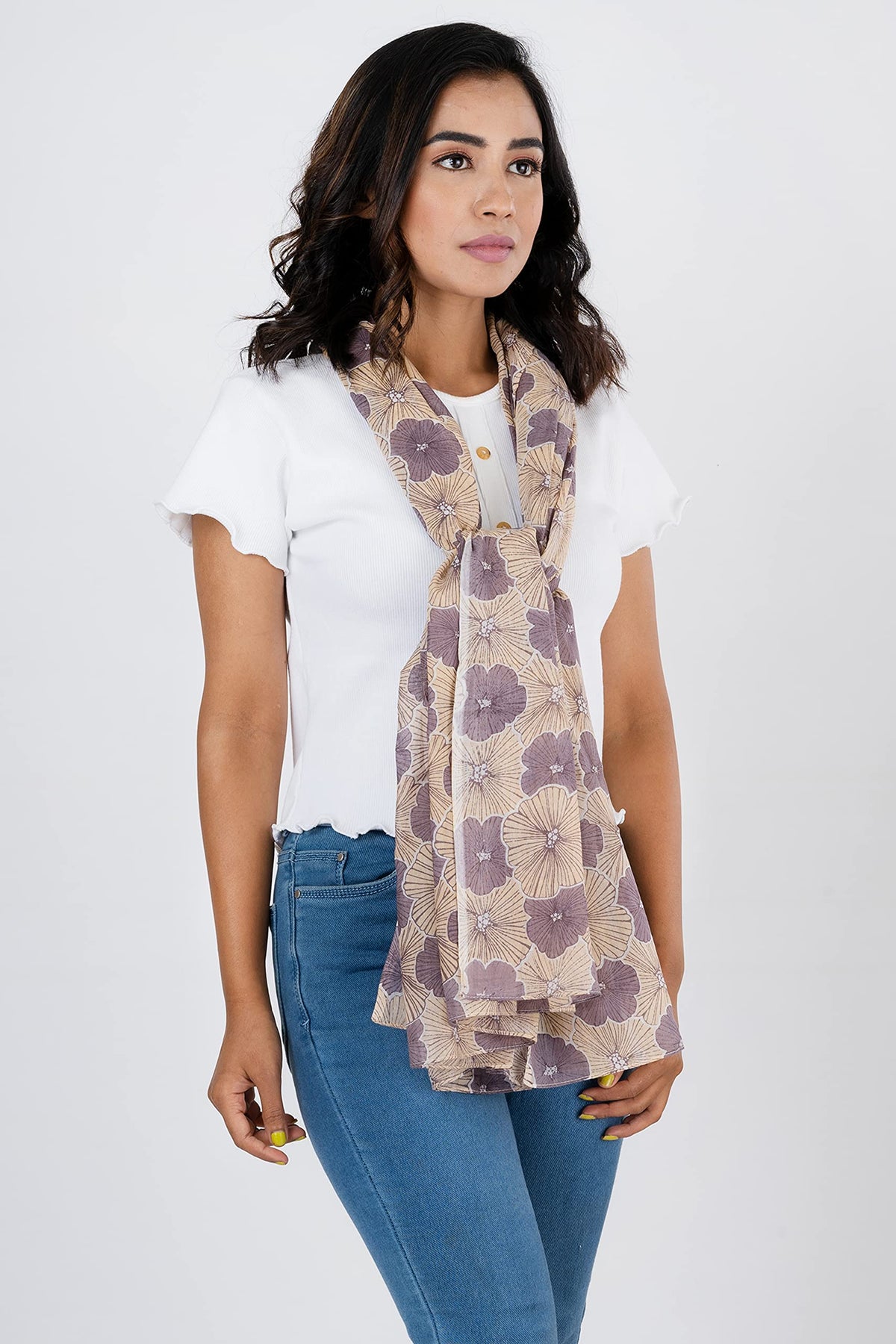 AQVA Printed Cotton Scarf for Women Stylish (Baghiya Beige Lilac) | Head and Face Cover Scarf for Girls with 100% Cotton | Soft & Lightweight Scarves/Stoles for all Weather (72 x 43 in)