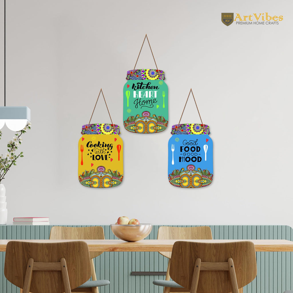 Artvibes Good Food Good Life Quotes Printed Wooden Wall Hanging for Kitchen | Cafe | Restaurant | Dining Room | Quotes Decor Item | Wall Poster | Food Quote Decoration | Gift Item (WH_8922N), Set of 3