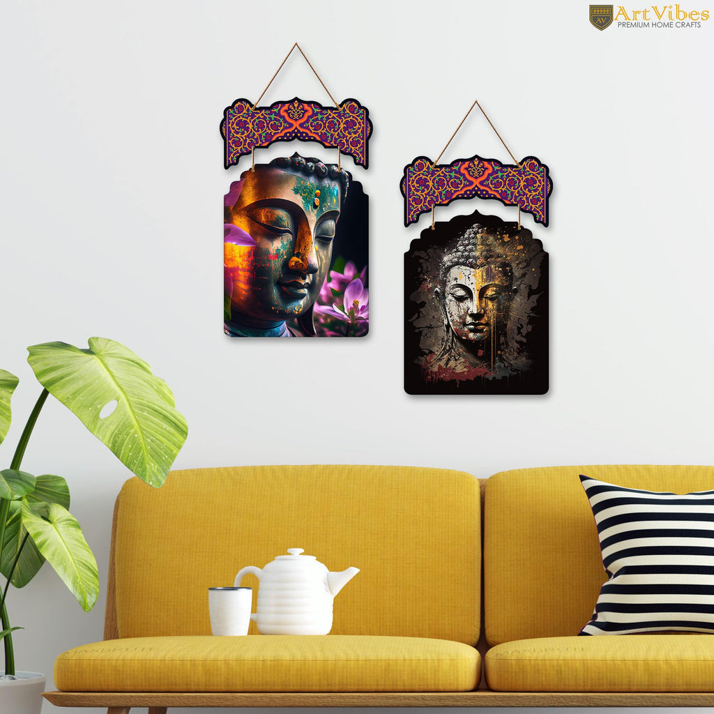 Artvibes Gautam Buddha Wooden Wall Haning for Living Room | Spiritual Decor Items | Wall Art Painting For Hall | Wall Paintings | Handcrafted Art | Ethnic Wall Decor | Gift Items (WH_9204N), Set of 2