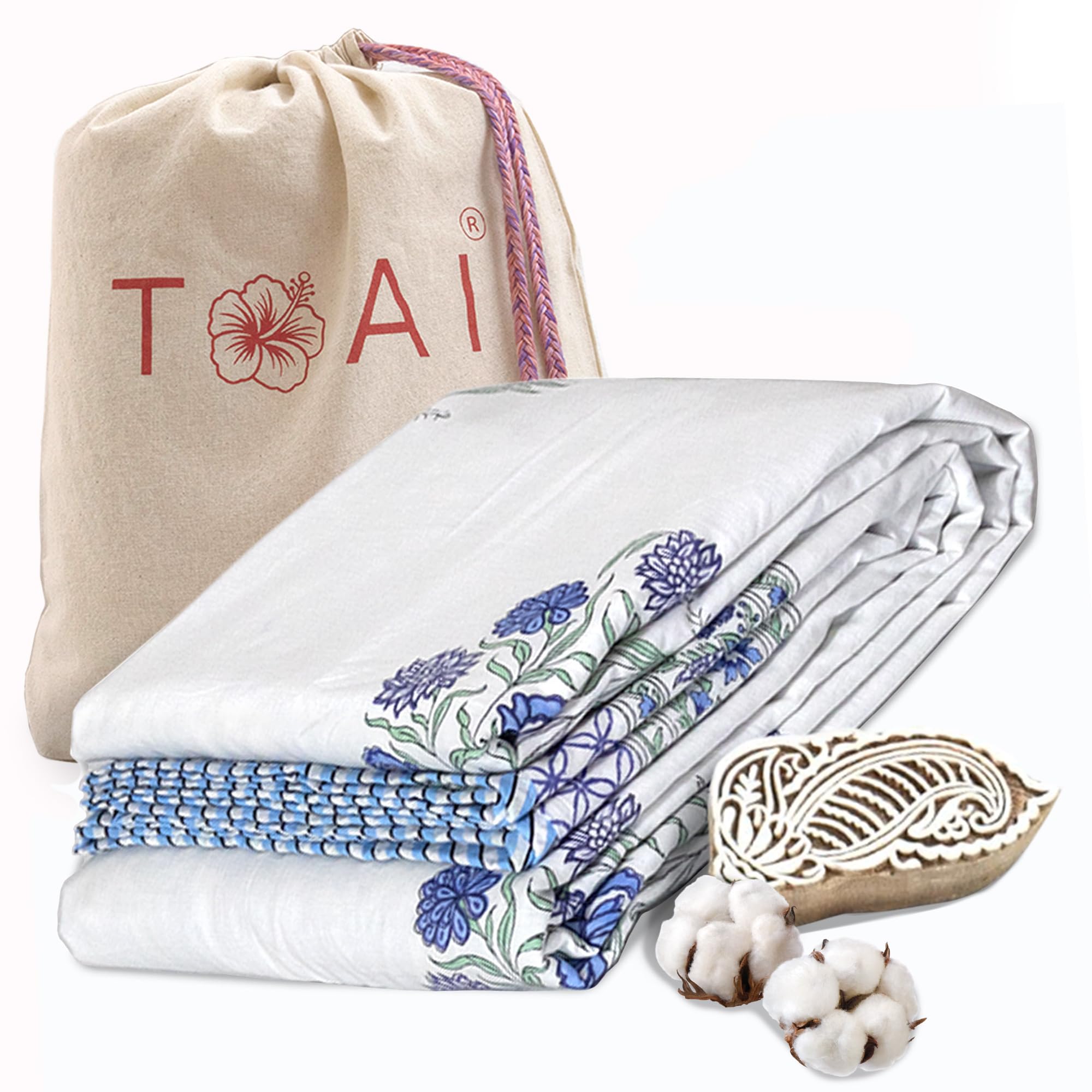 TOAIArt Premium Jaipuri Dohar | AC Blanket Summer Quilt | Hand Block Printed | 3 Layers | Reversible | 150GSM 100% Mulmul Cotton | 100% Cotton Flannel Filling | Single 60 X 90 |Mughal Motif Kafalo