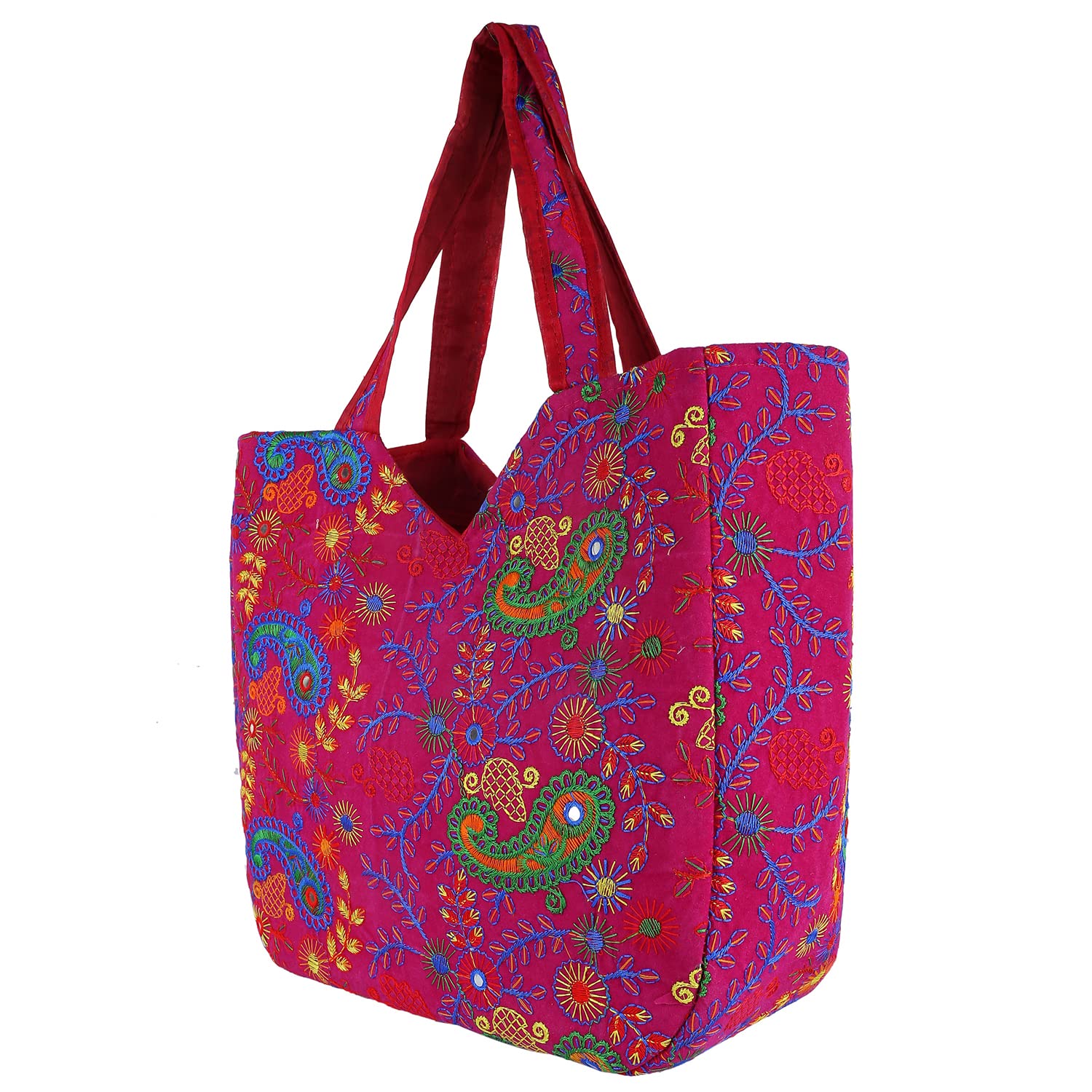 Craft Trade Women's Cotton Tote Bags Pack of 2 36x30x12 Cm Embriodery Mirror Work Leaf Print Handbag with Zip Shopping Bag - Blue and Pink