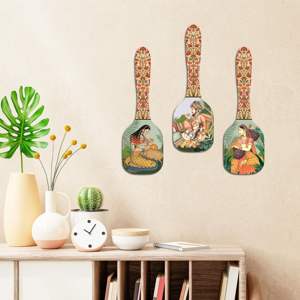 Artvibes Royal Mural Art Spatula Shape Decor Wall Hanging | Mughal Art Decor Items | Wall Accent | Gift Items | Aesthetic Wooden Decor | Ethnic Wall Decor | Art Print(WH_11002N), Set of 3