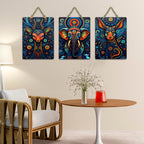 Artvibes Psychedelic Elephant Deer & Dog Cosmic Wildlife Art Decorative Wall Hanging Ornaments | Wall Accent | Sceneries | Aesthetic Wooden Decor | Graphic Artwork | Unique Gift (WH_9646N), Set of 3