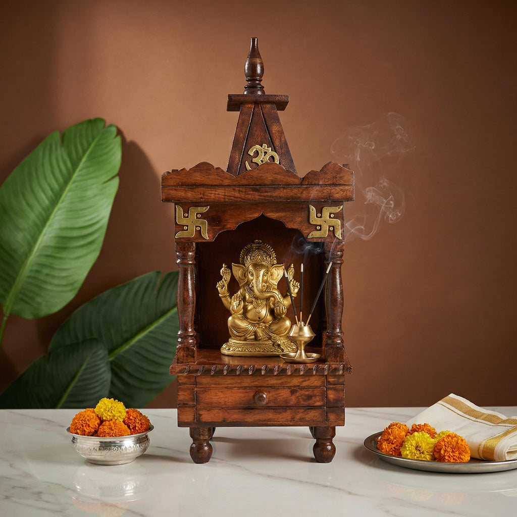 Claws Wooden Wall Mount Pooja Mandir | Brown Pooja Temple Stand with Om and Swastik Design (14Dx20Wx 46H Cm)