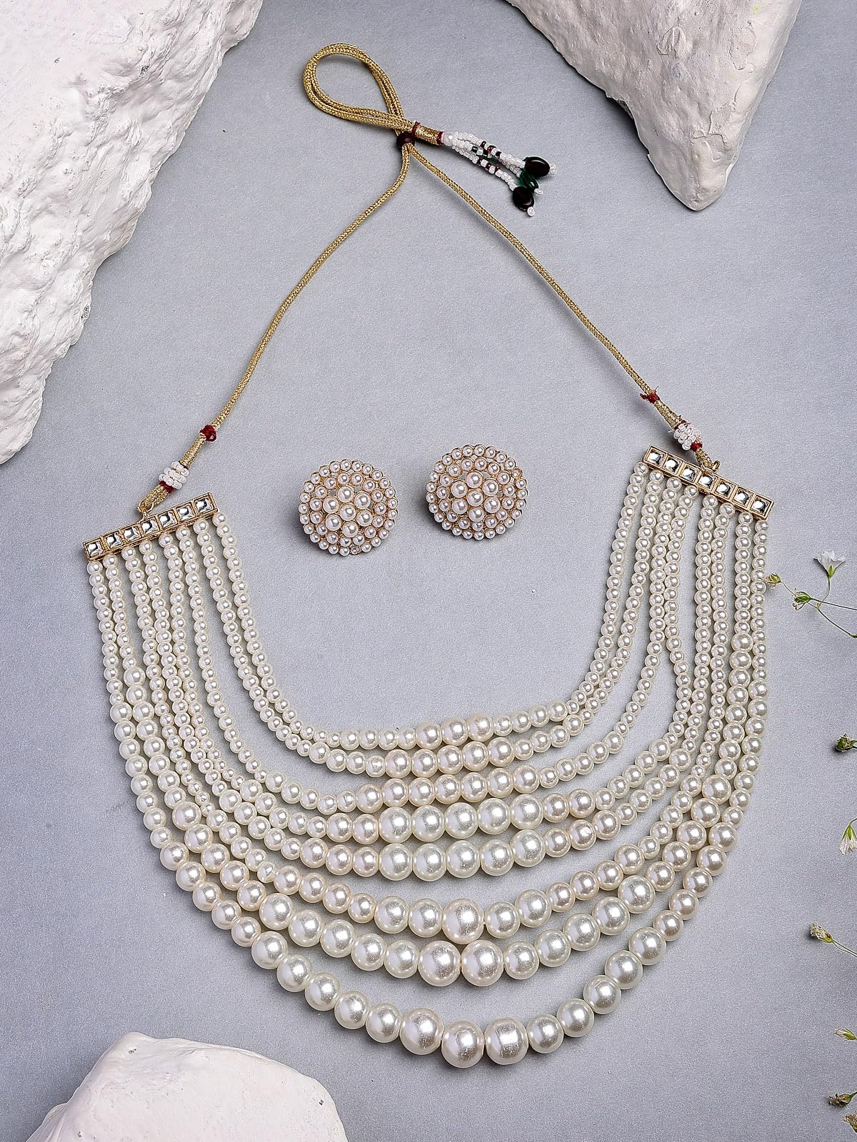 Sukkhi Beautiful Bright Gold Plated Handmade Multilayer Pearls Choker Necklace with Studs Earring Jewellery Set for Women & Girls Occasions|NS107385