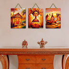 Artvibes Desert Sunset & Village Life Traditional Indian Modern Traditional Indian Art Wooden Art Decoration Item for Living Room | Home Decor | Wall Illustrations | Ideal Gifts (WH_9635N), Set of 3