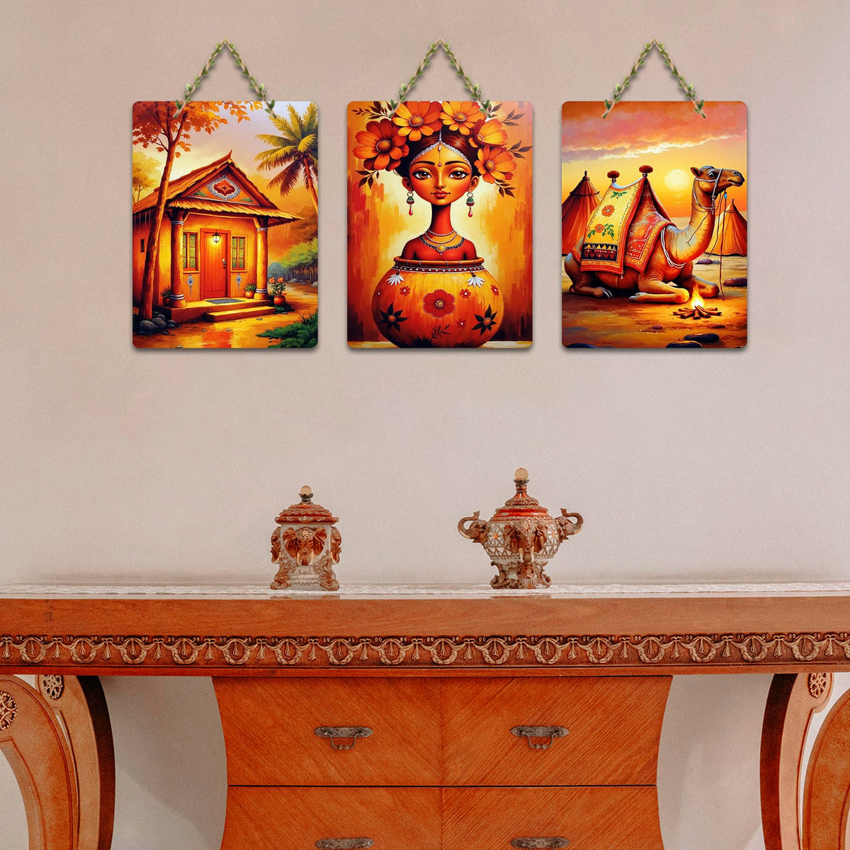 Artvibes Desert Sunset & Village Life Traditional Indian Modern Traditional Indian Art Wooden Art Decoration Item for Living Room | Home Decor | Wall Illustrations | Ideal Gifts (WH_9635N), Set of 3