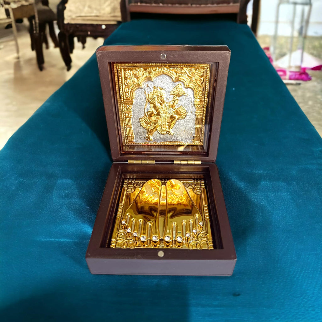 DK trades® Gold Plated Lord Hanumanji Pooja Box - Premium Gold Hanumanji for Pooja Box| Pocket Temple Hanumanji with Charan Paduka| Unique Home, Office