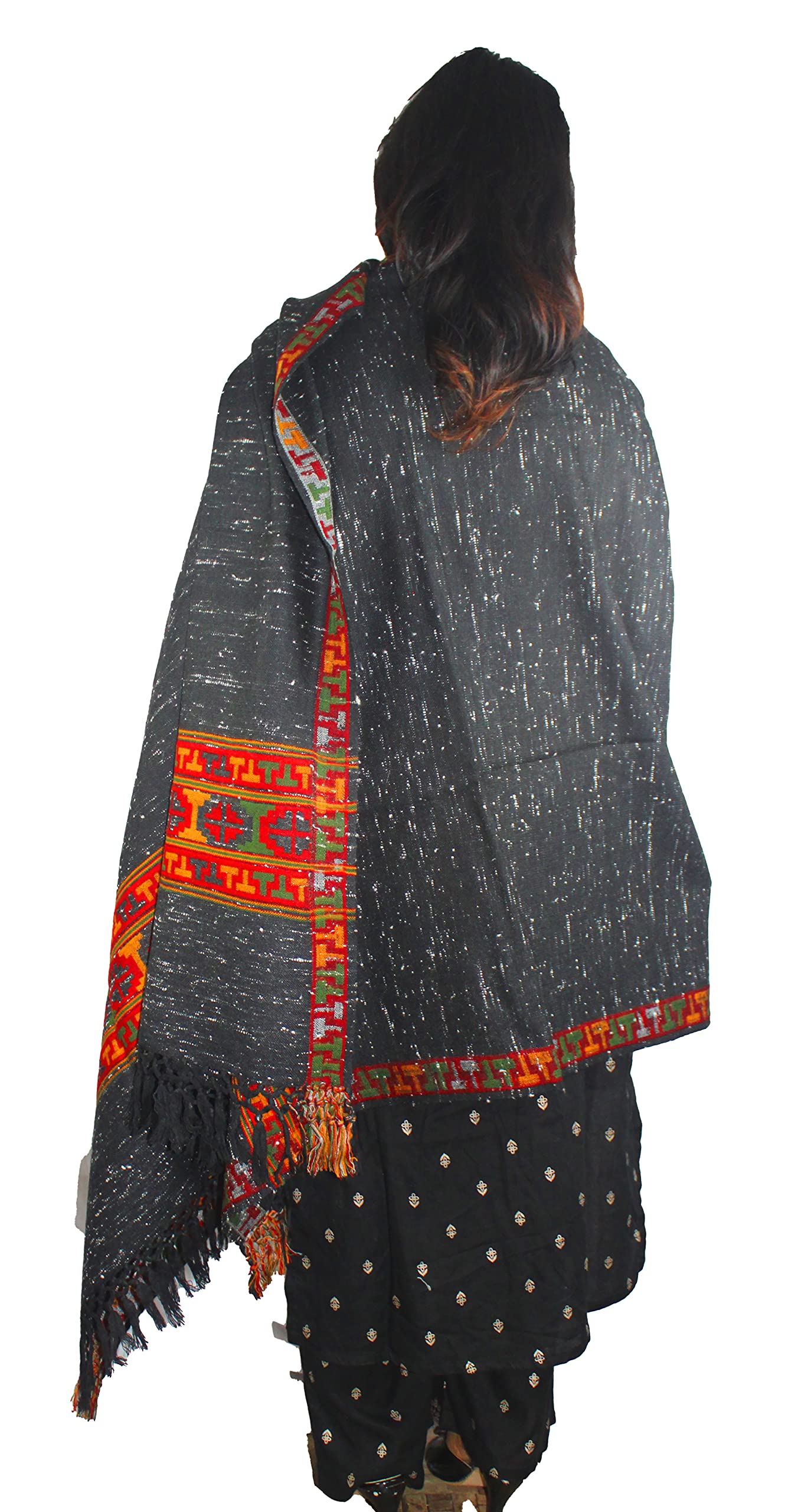 Australian Marino Wool Shawl Hand Woven Kullu Embroidery BLACK WITH WHITE DOTS