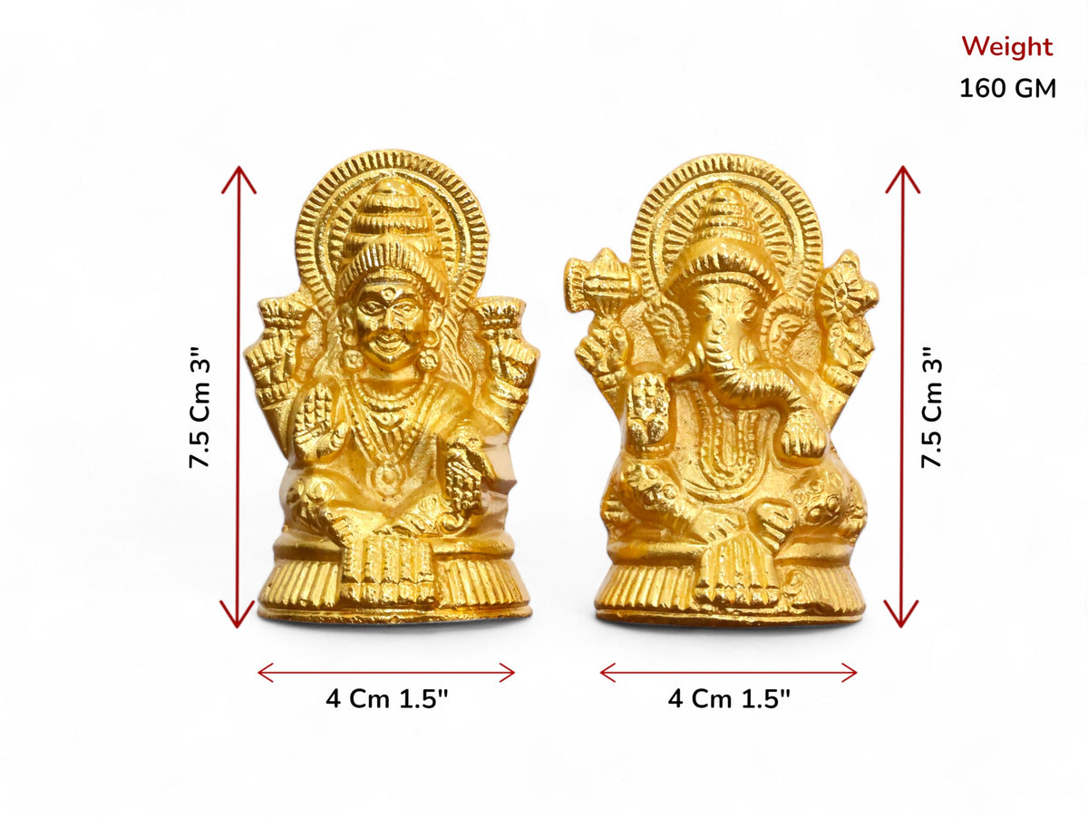 KridayKraft Metal Lakshmi & Ganesha Idol Pair – Gold-Finish Mini Statues (7.5 cm × 4 cm Each), 160 g – Auspicious Home Puja Decor & Diwali Gift