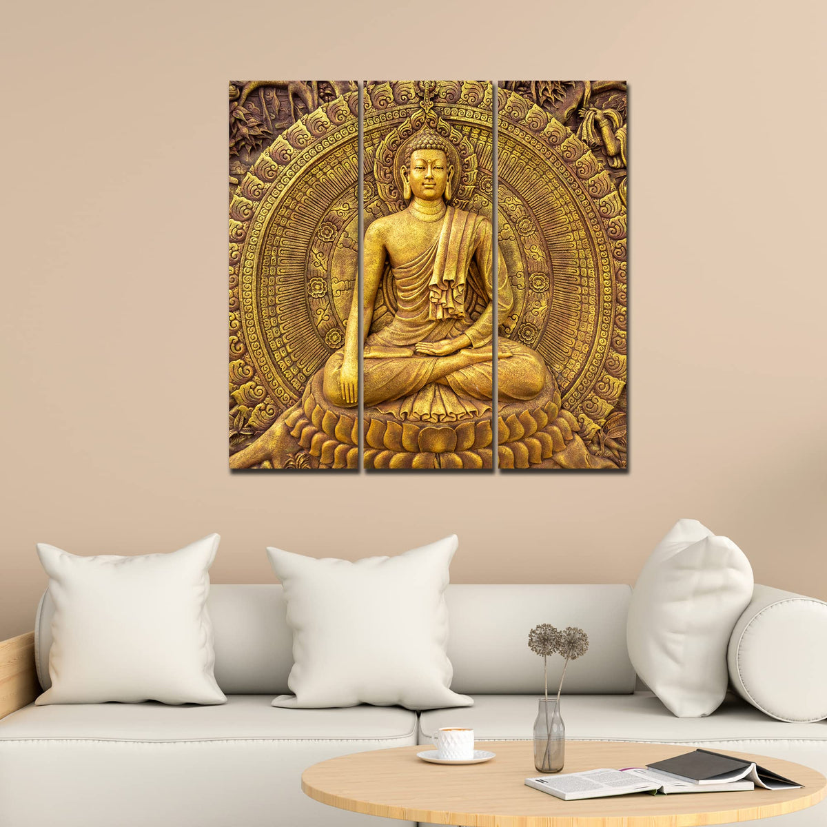 VIBECRAFTS 3 Pieces Spiritual Buddha Canvas Wall Painting Fitted With Wooden Frame For Home | Office | Living Room | Gifts (PTVC3Pcs1_9599)