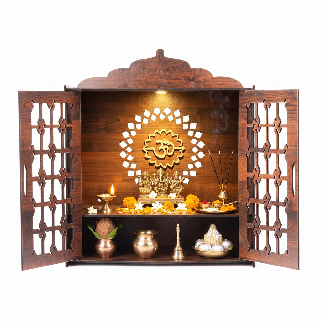 Pixie Daisy Wooden Wall Mounted Pooja Mandir with Jaali Doors | Home Temple with LED Light & Golden Om Design | Wooden Temple Cabinet for Home, Office & Gifting