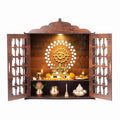 Pixie Daisy Wooden Wall Mounted Pooja Mandir with Jaali Doors | Home Temple with LED Light & Golden Om Design | Wooden Temple Cabinet for Home, Office & Gifting