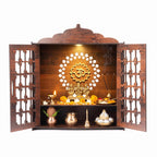Pixie Daisy Wooden Wall Mounted Pooja Mandir with Jaali Doors | Home Temple with LED Light & Golden Om Design | Wooden Temple Cabinet for Home, Office & Gifting